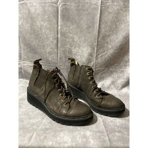 Eileen Fisher Combat Boots Women's Size 8 Brown Leather Shearling Wedge Chunky